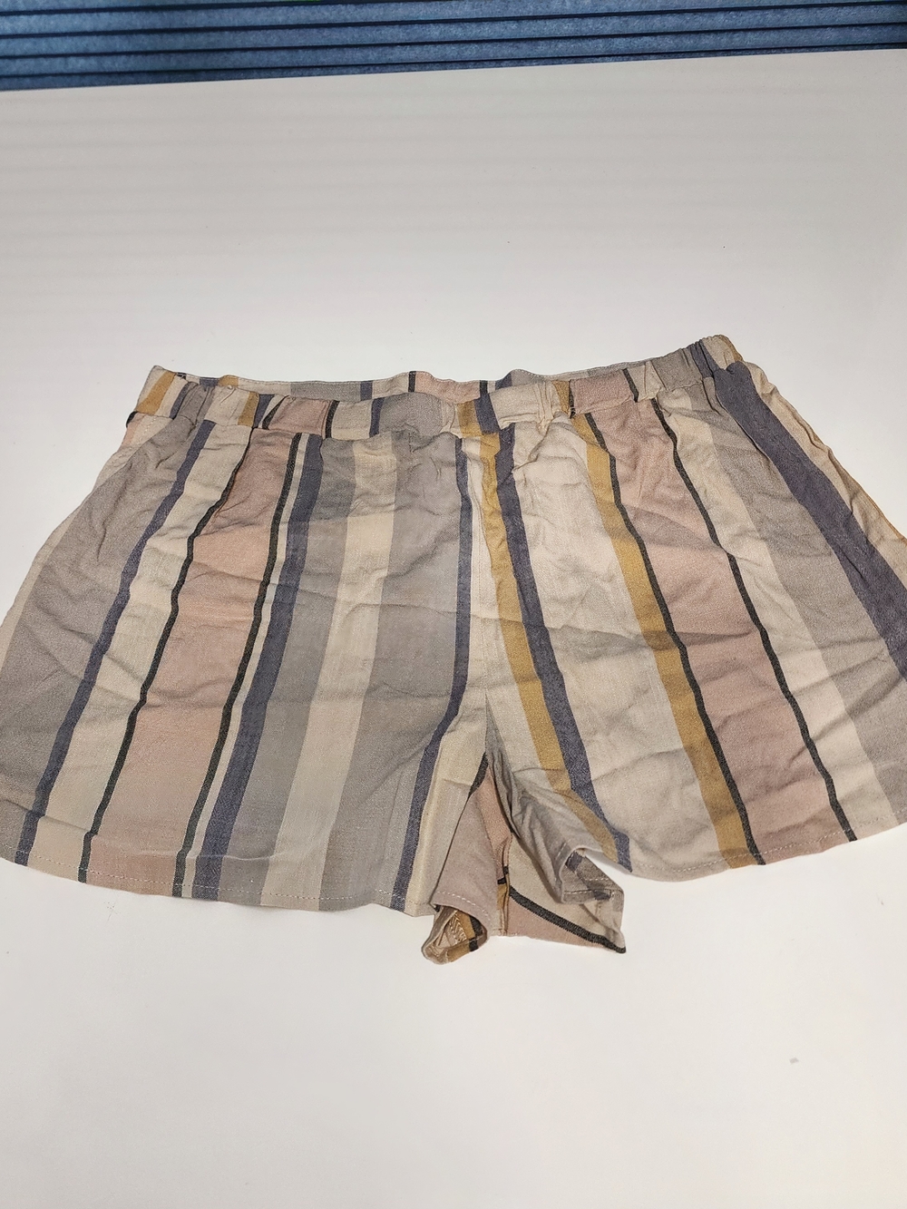 Costal, Casual Earth Tones Striped Linen-Feel Shorts.